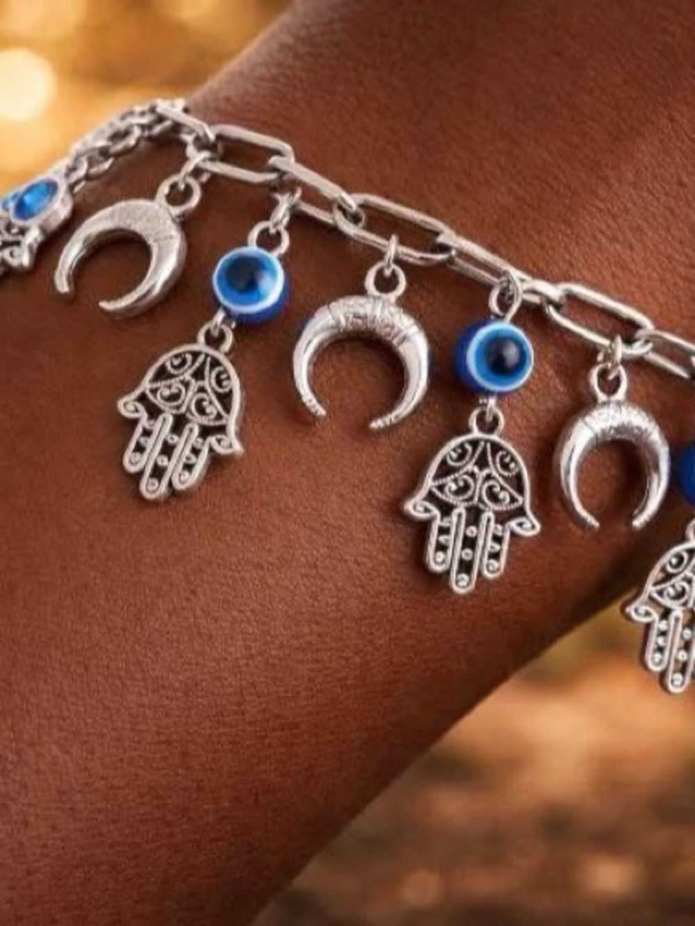 Hand Crafted Stainless Steel Hamsa & Crescent Charm Bracelet with Blue Evil Eye